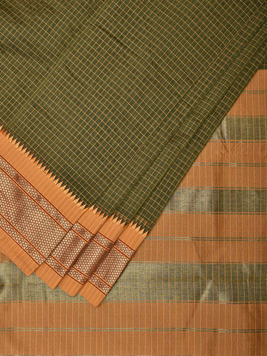 Olive and Mustard Bamboo Cotton Saree with Checks Design bc0105