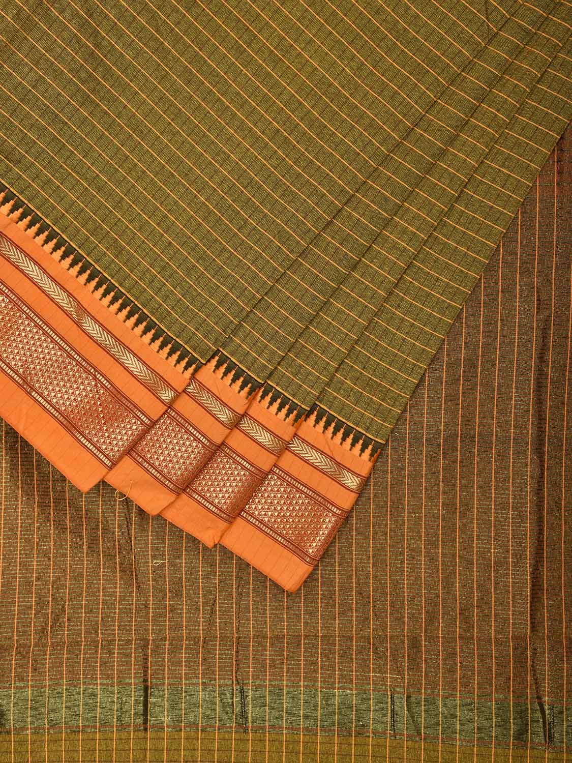 Olive and Mustard Bamboo Cotton Viscose Silk Saree with Checks and Contrast Pallu Design No Blouse bc0575