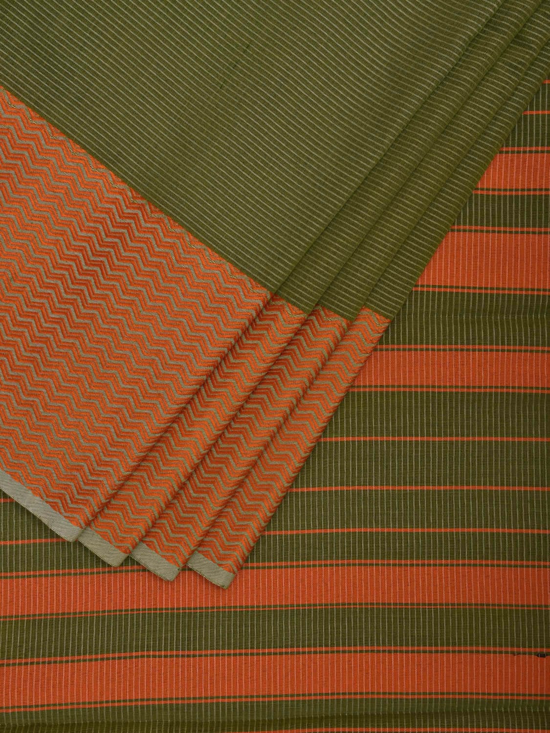 Olive and Orange Bamboo Cotton Saree with Strips and Zig-Zag Border Design No Blouse bc0322