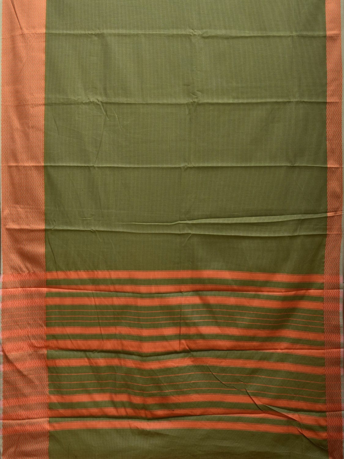 Olive and Orange Bamboo Cotton Saree with Strips and Zig-Zag Border Design No Blouse bc0322