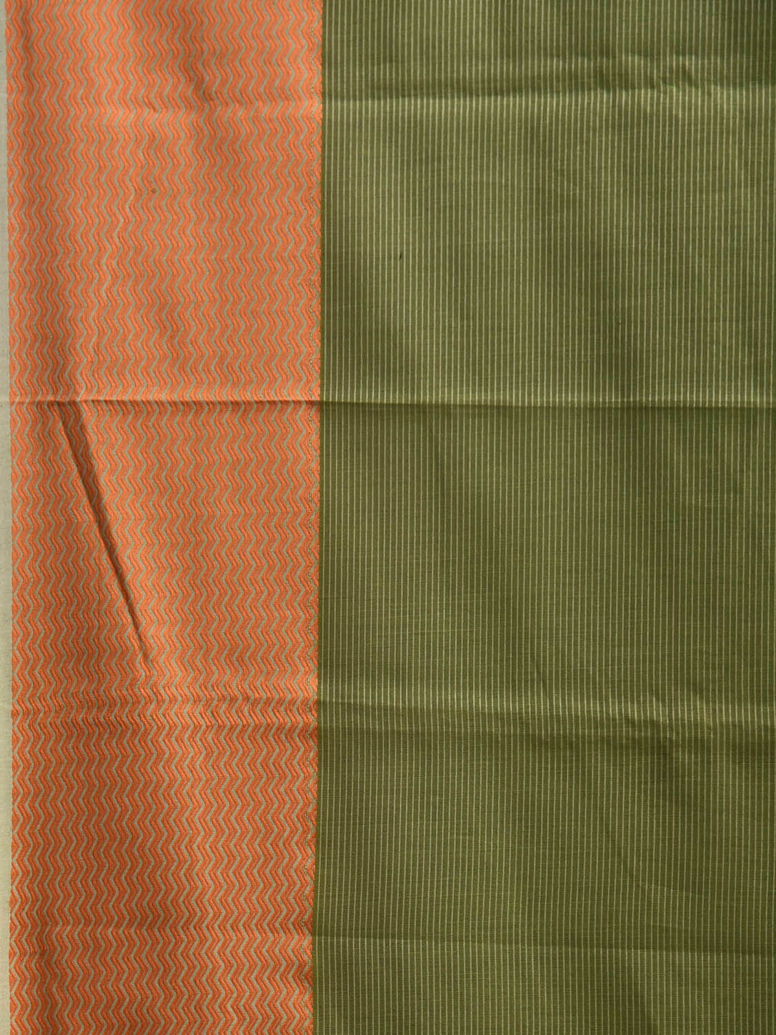 Olive and Orange Bamboo Cotton Saree with Strips and Zig-Zag Border Design No Blouse bc0322