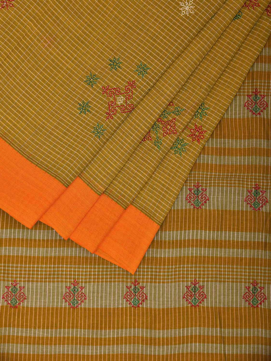 Olive and Orange Cotton Silk Handloom Saree with Kasuti Work and Checks Design o0642