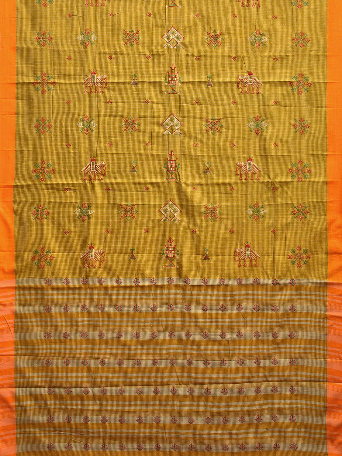 Olive and Orange Cotton Silk Handloom Saree with Kasuti Work and Checks Design o0642