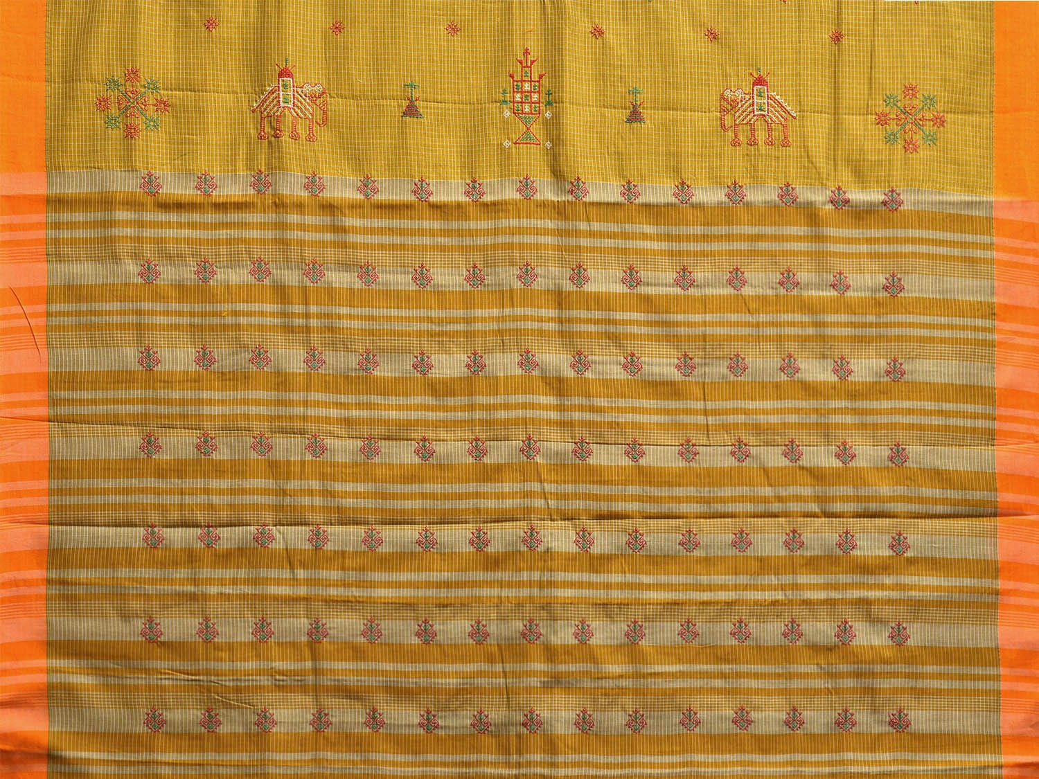 Olive and Orange Cotton Silk Handloom Saree with Kasuti Work and Checks Design o0642