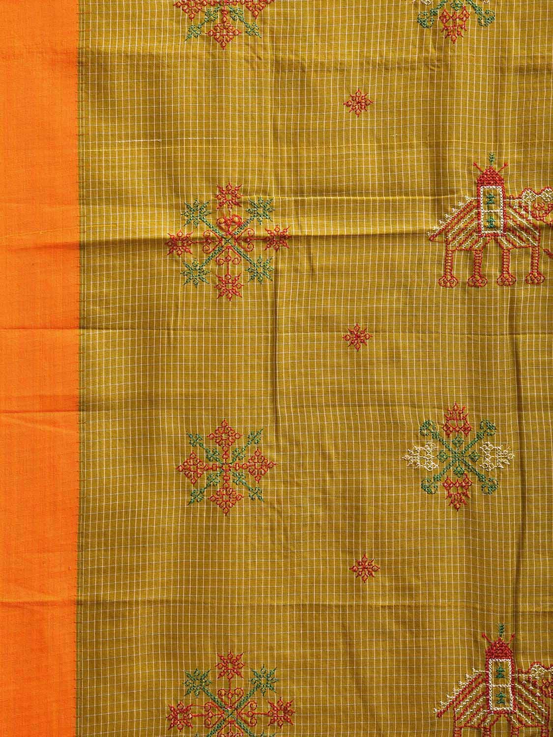 Olive and Orange Cotton Silk Handloom Saree with Kasuti Work and Checks Design o0642