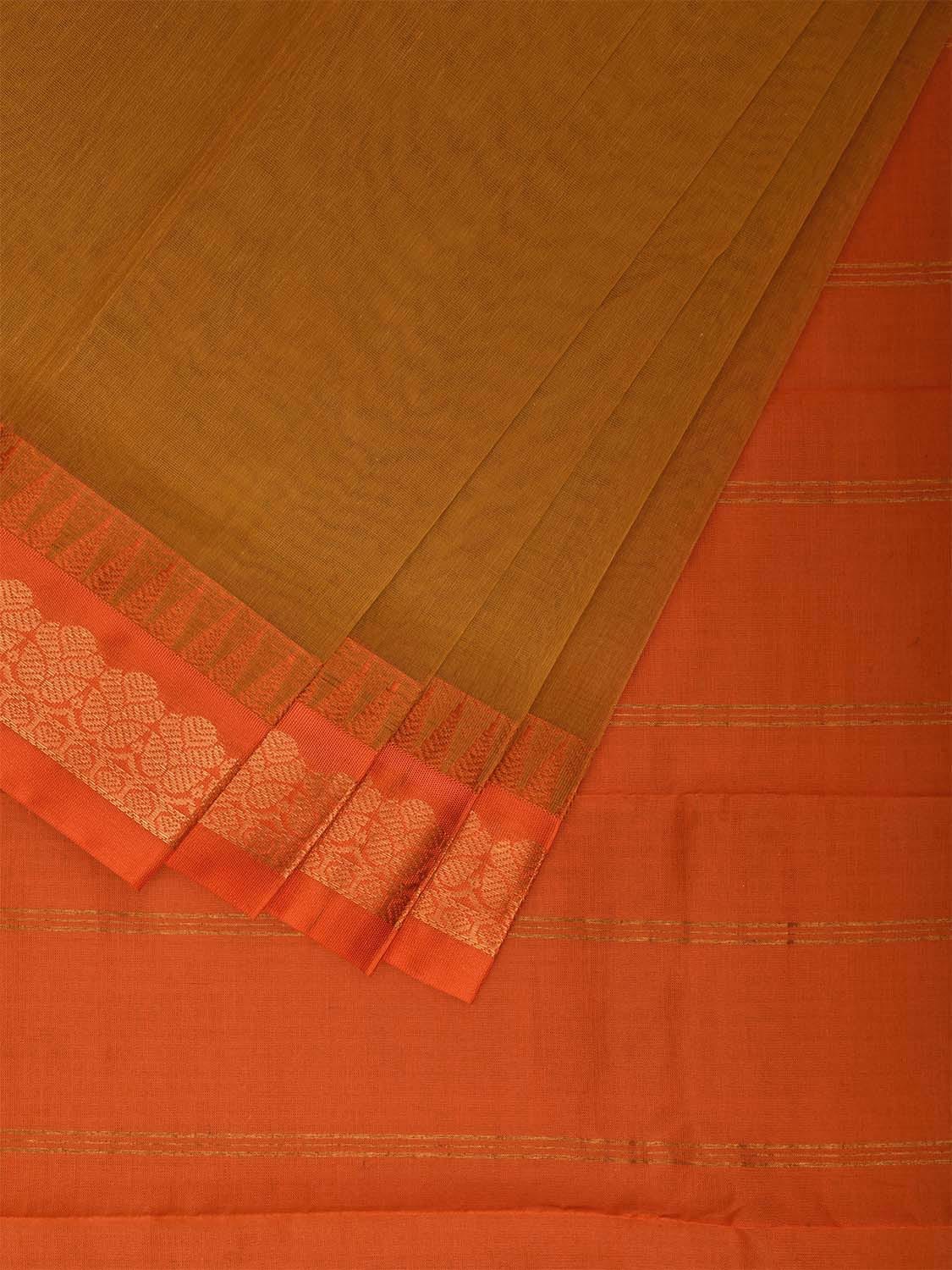 Olive and Orange Gadwal Cotton Plain Saree with Strips and Contrast Pallu Design g0464