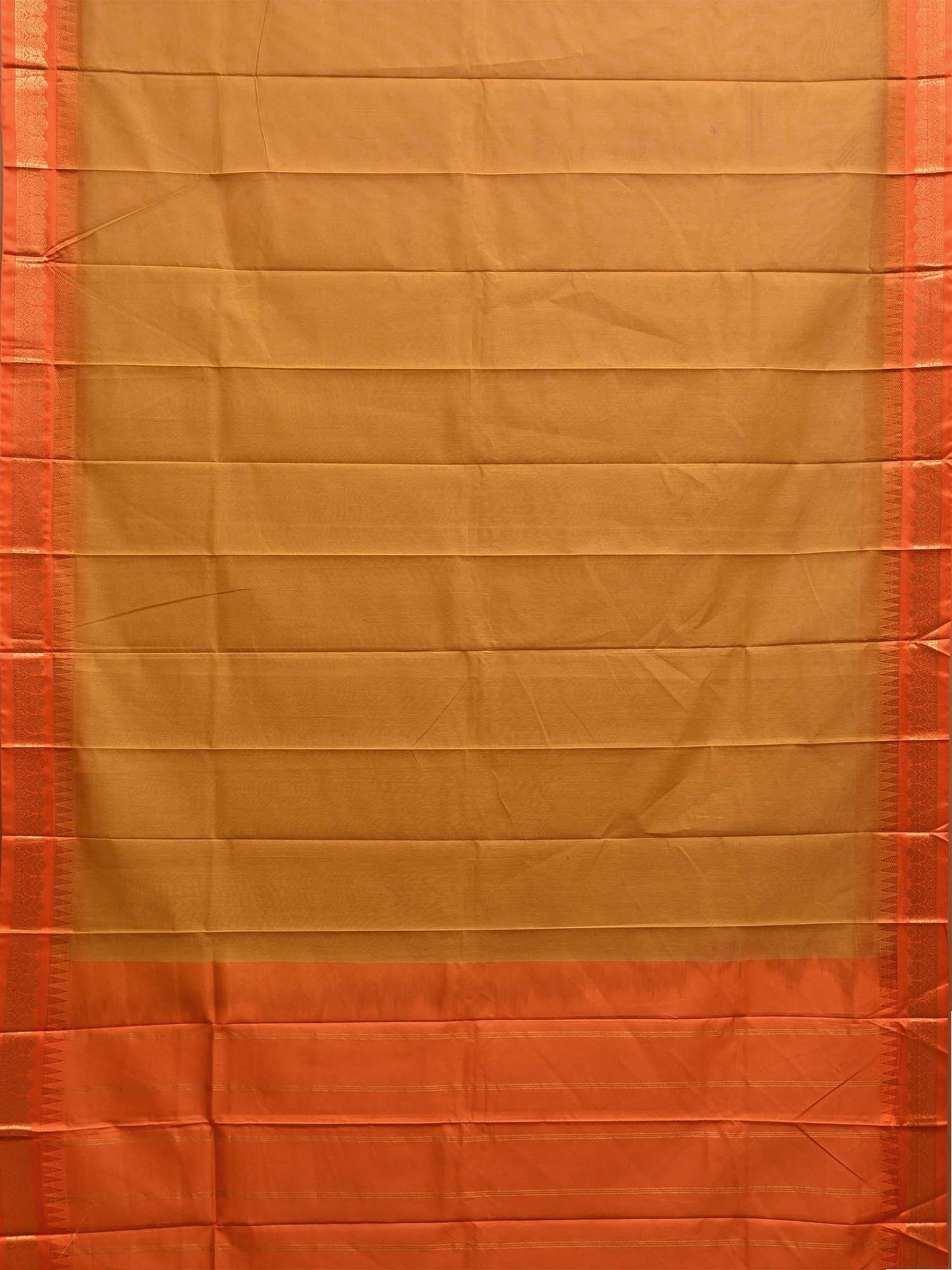 Olive and Orange Gadwal Cotton Plain Saree with Strips and Contrast Pallu Design g0464