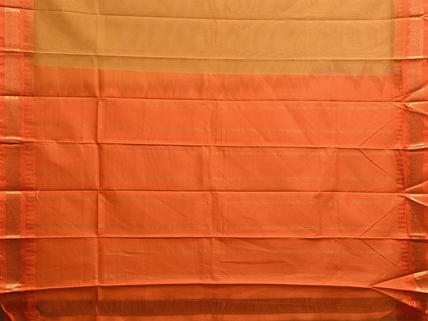 Olive and Orange Gadwal Cotton Plain Saree with Strips and Contrast Pallu Design g0464