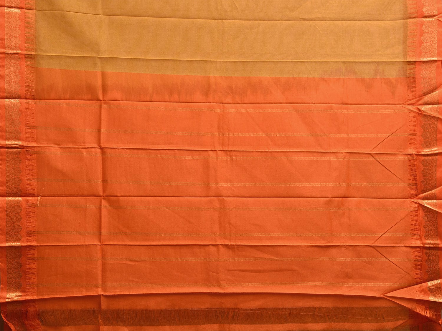 Olive and Orange Gadwal Cotton Plain Saree with Strips and Contrast Pallu Design g0464