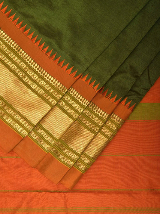 Olive and Orange Narayanpet Silk Handloom Plain Saree with Contrast Pallu Design np0928