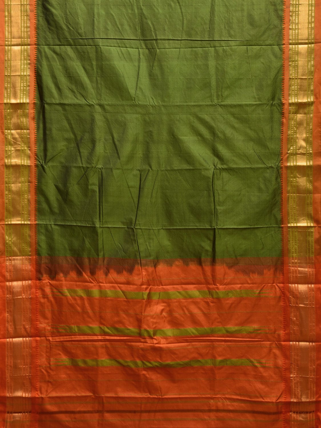 Olive and Orange Narayanpet Silk Handloom Plain Saree with Contrast Pallu Design np0928