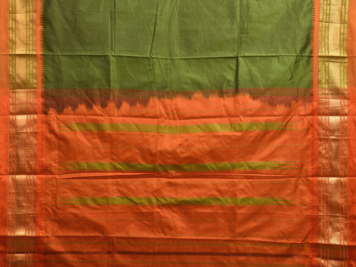 Olive and Orange Narayanpet Silk Handloom Plain Saree with Contrast Pallu Design np0928