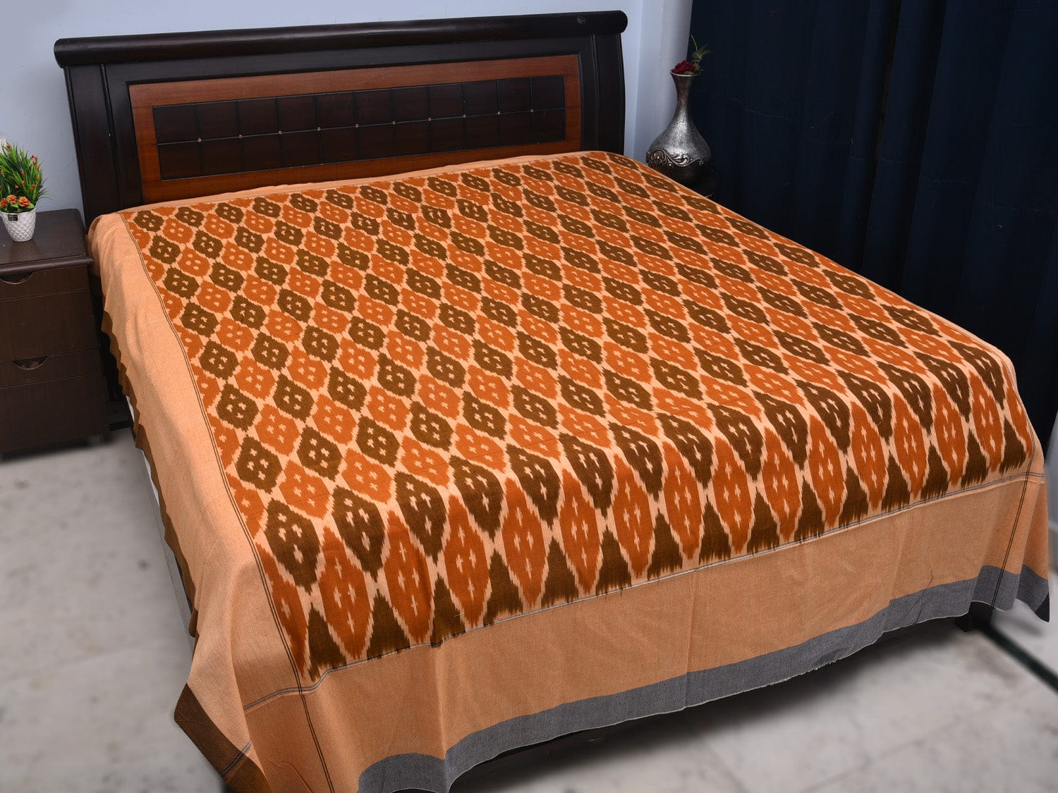 Olive and Orange Pochampally Ikat Cotton Handloom Bedsheet with Grill Design 90 x 108 Inches No Pillow Covers bd0067