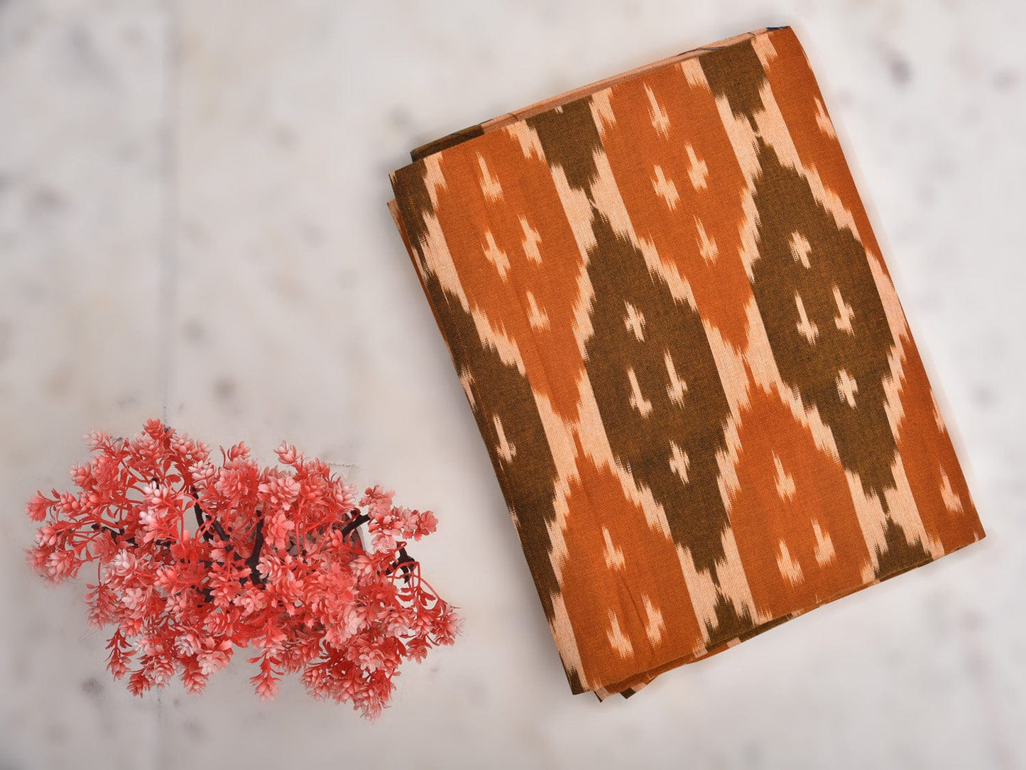 Olive and Orange Pochampally Ikat Cotton Handloom Bedsheet with Grill Design 90 x 108 Inches No Pillow Covers bd0067