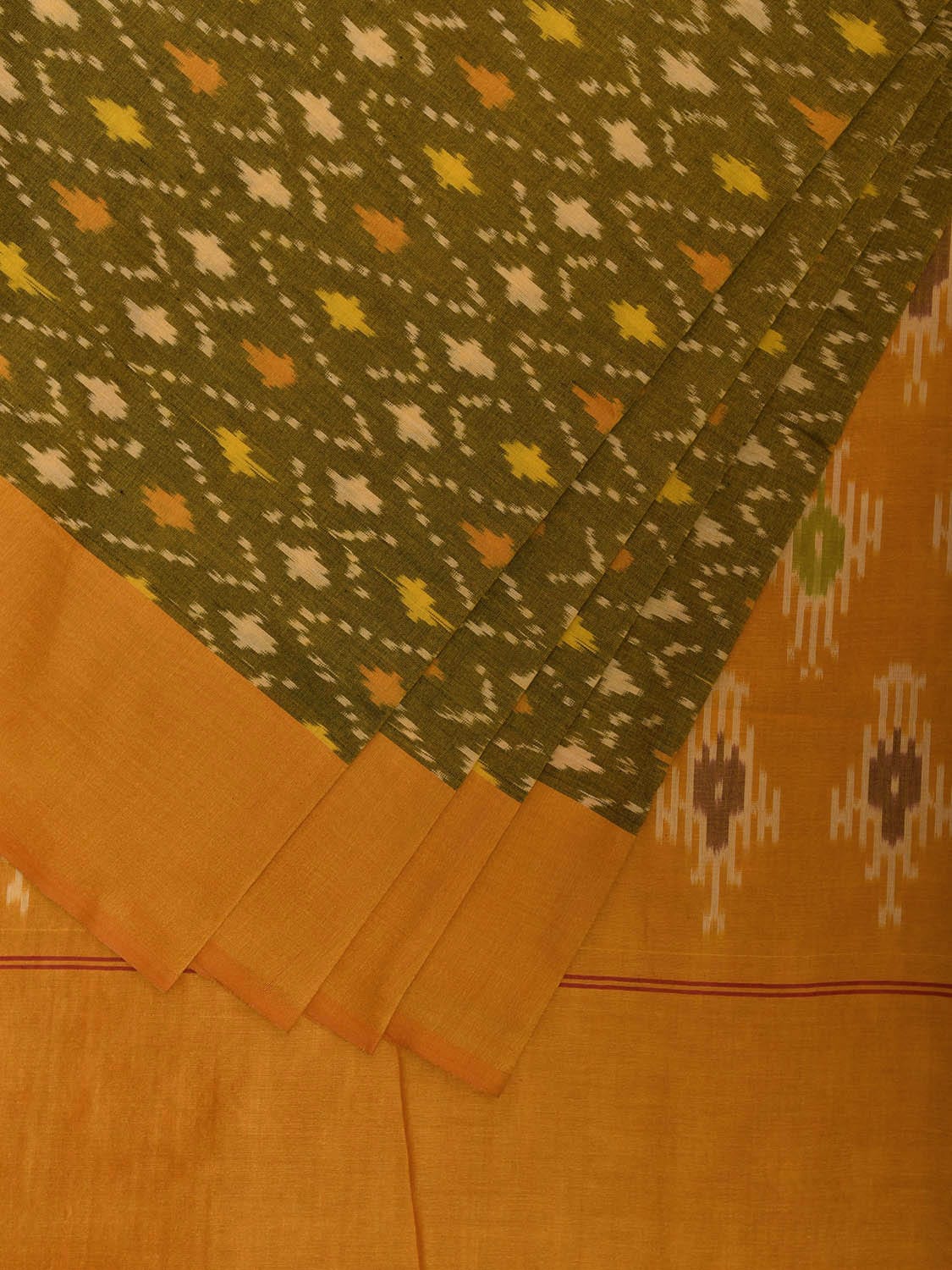 Olive and Orange Pochampally Ikat Cotton Handloom Saree with All Over Body and Pallu Design i0900