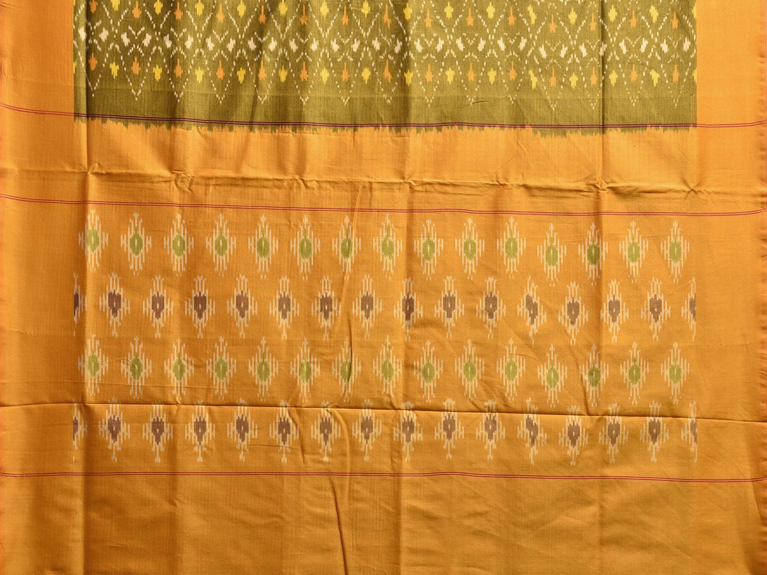 Olive and Orange Pochampally Ikat Cotton Handloom Saree with All Over Body and Pallu Design i0900