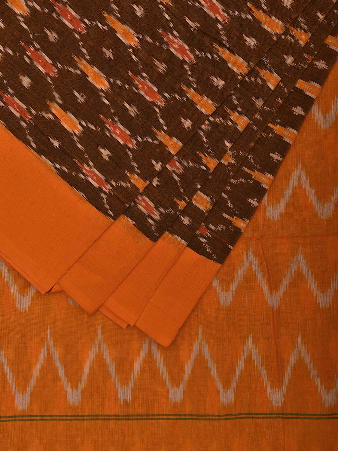 Olive and Orange Pochampally Ikat Cotton Handloom Saree with All Over Grill Body and Zig-Zag Pallu Design No Blouse i0902