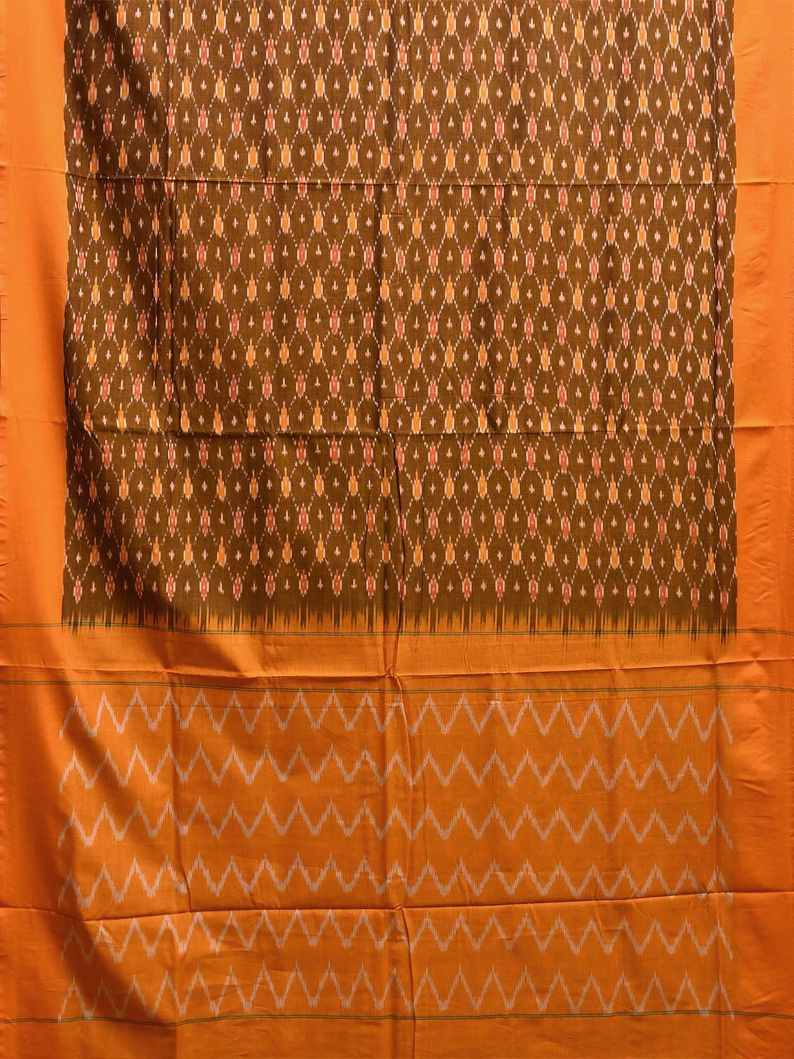 Olive and Orange Pochampally Ikat Cotton Handloom Saree with All Over Grill Body and Zig-Zag Pallu Design No Blouse i0902