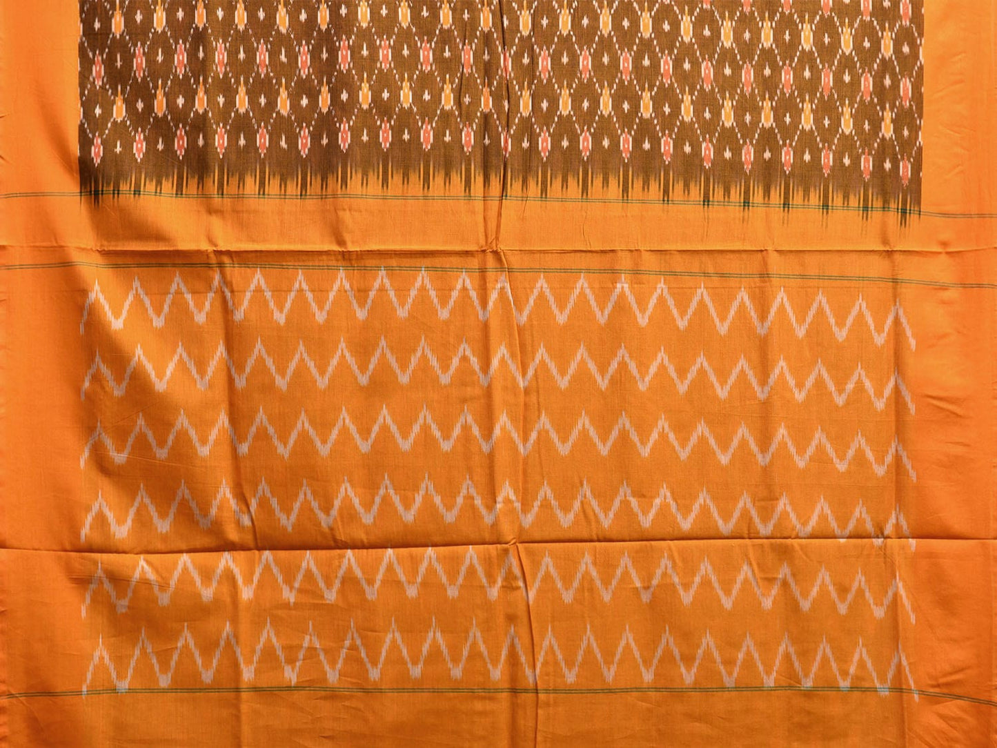 Olive and Orange Pochampally Ikat Cotton Handloom Saree with All Over Grill Body and Zig-Zag Pallu Design No Blouse i0902