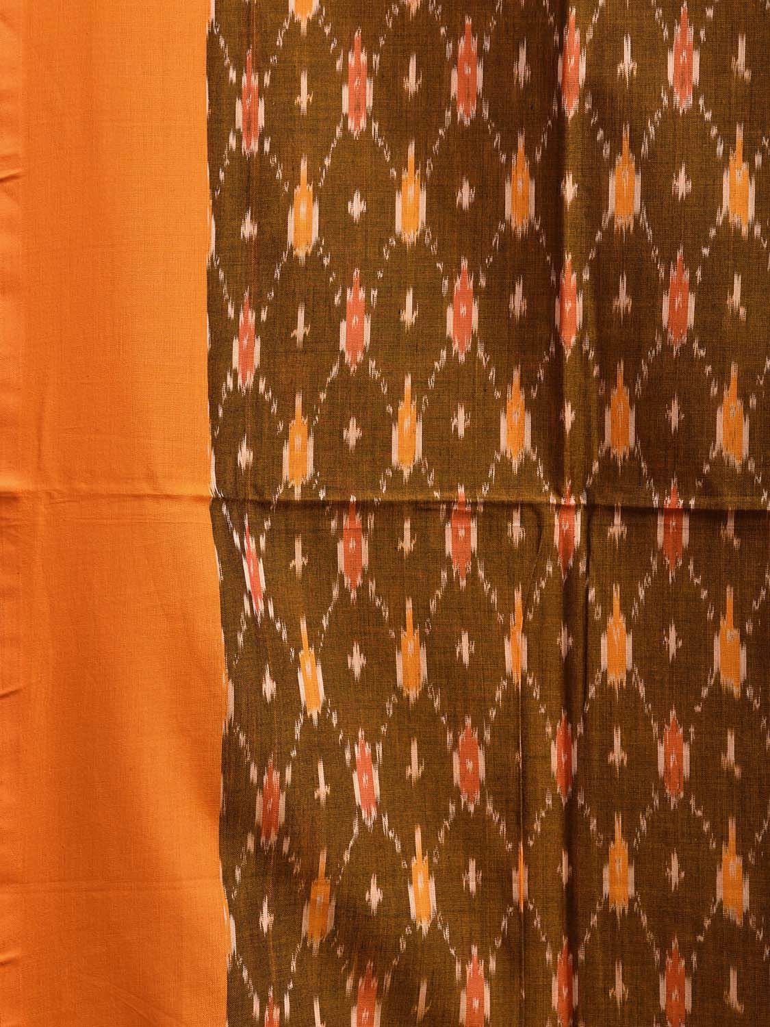 Olive and Orange Pochampally Ikat Cotton Handloom Saree with All Over Grill Body and Zig-Zag Pallu Design No Blouse i0902