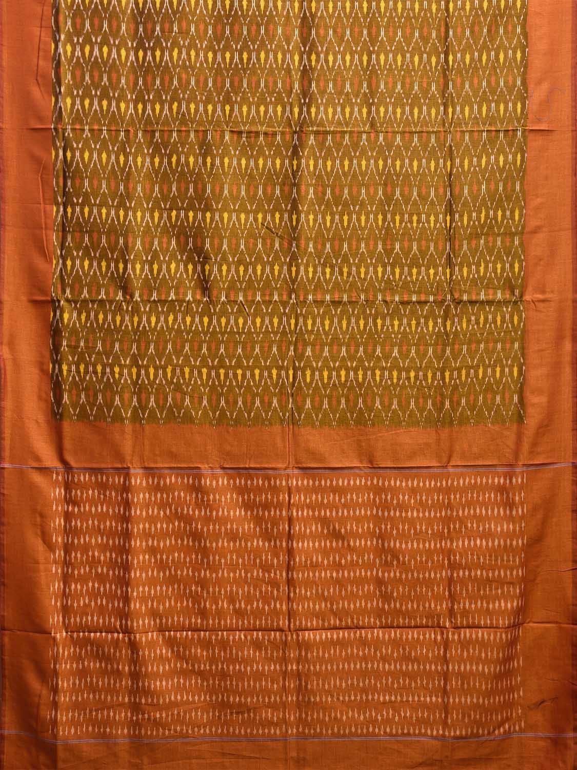 Olive and Orange Pochampally Ikat Cotton Handloom Saree with All Over Grill Design No Blouse i0908