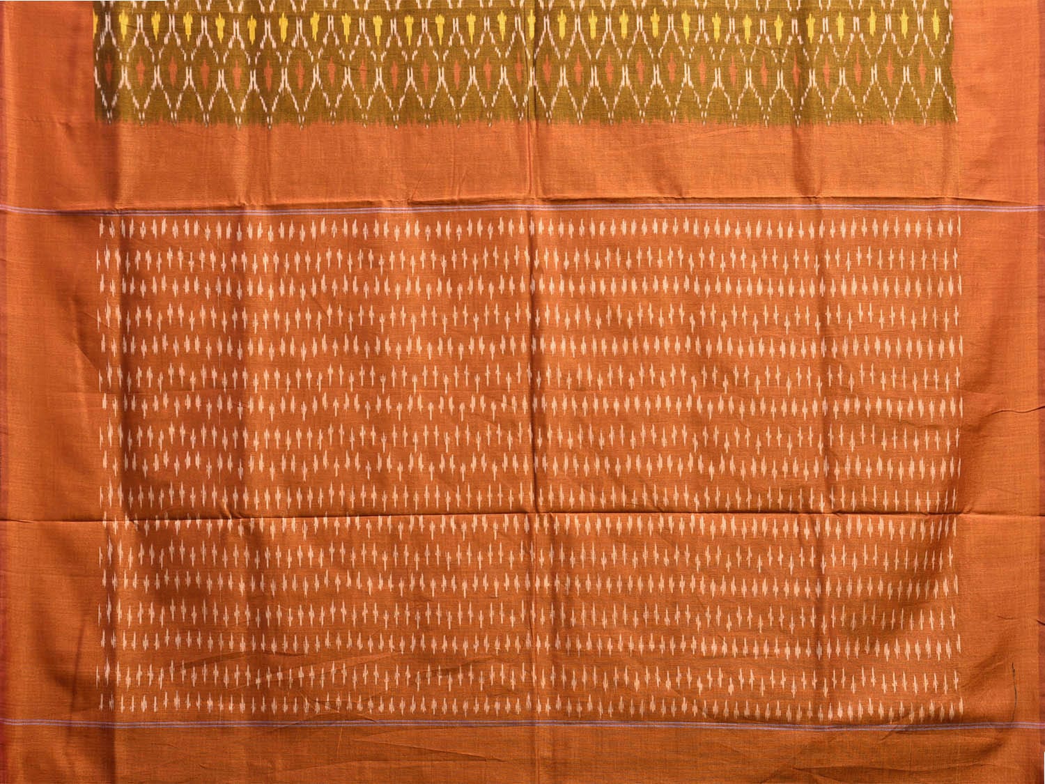 Olive and Orange Pochampally Ikat Cotton Handloom Saree with All Over Grill Design No Blouse i0908