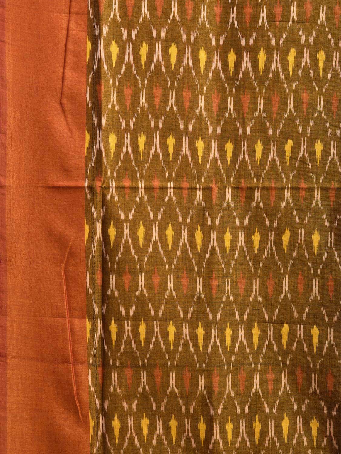 Olive and Orange Pochampally Ikat Cotton Handloom Saree with All Over Grill Design No Blouse i0908