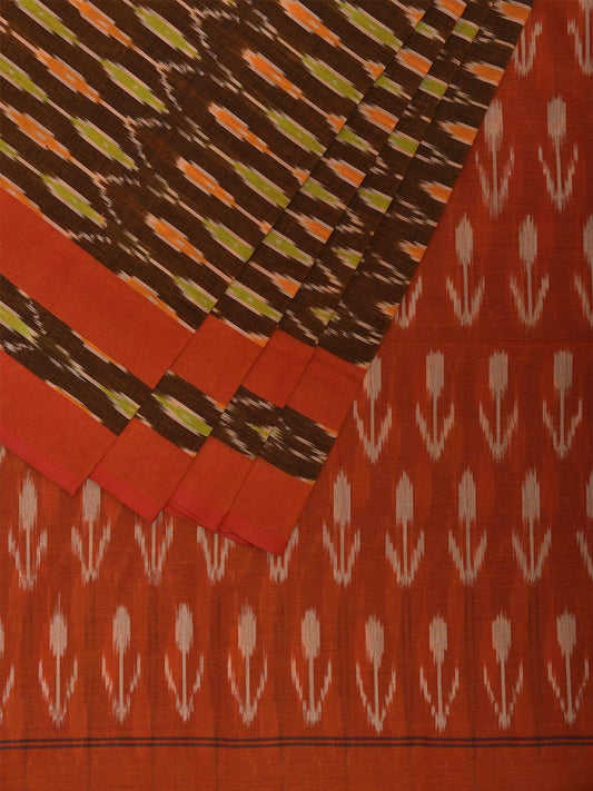 Olive and Orange Pochampally Ikat Cotton Handloom Saree with All Over Grill Design No Blouse i0913