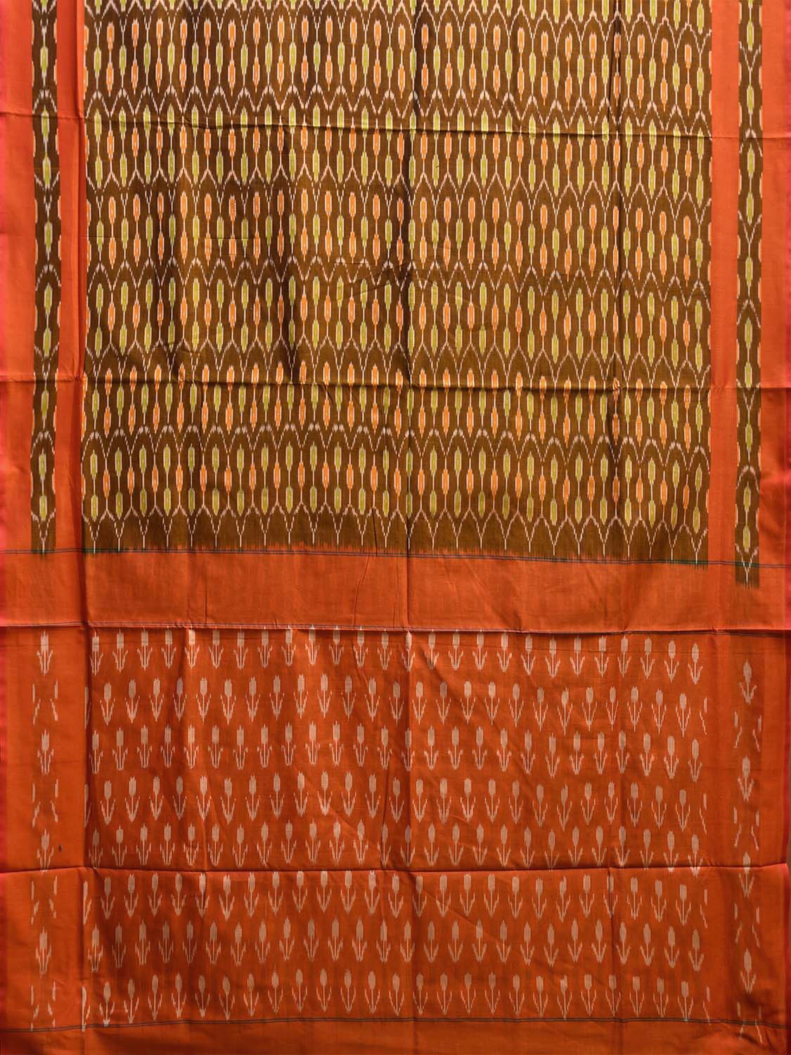 Olive and Orange Pochampally Ikat Cotton Handloom Saree with All Over Grill Design No Blouse i0913