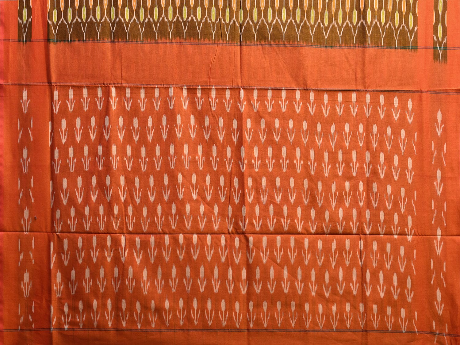 Olive and Orange Pochampally Ikat Cotton Handloom Saree with All Over Grill Design No Blouse i0913