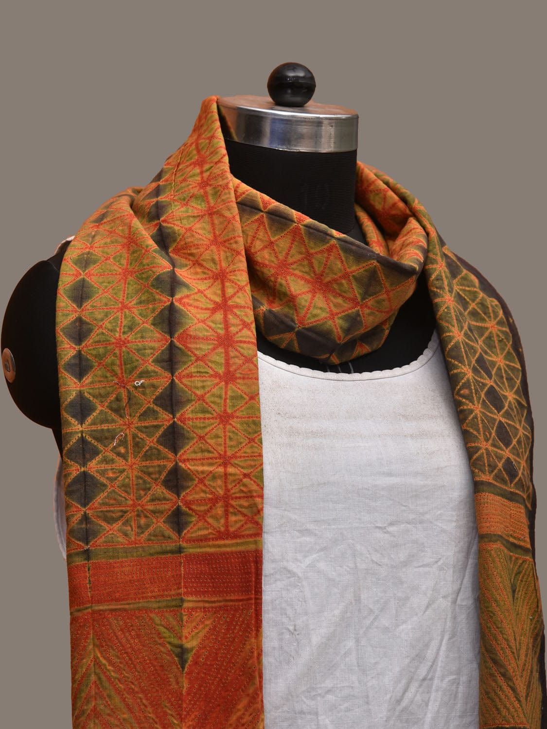 Olive and Orange Shibori Cotton Handloom Stole with Grill Design ds3153