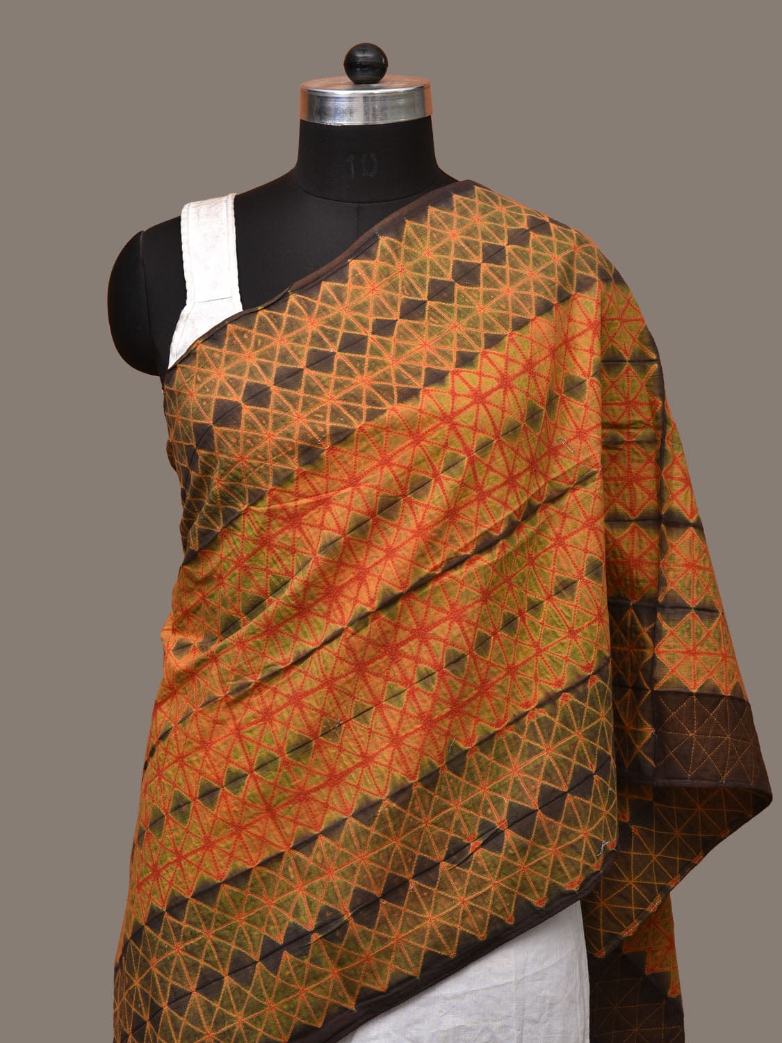 Olive and Orange Shibori Cotton Handloom Stole with Grill Design ds3153