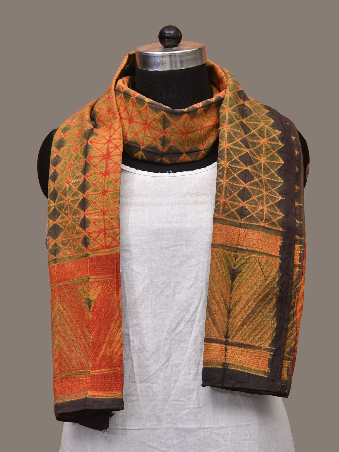 Olive and Orange Shibori Cotton Handloom Stole with Grill Design ds3153