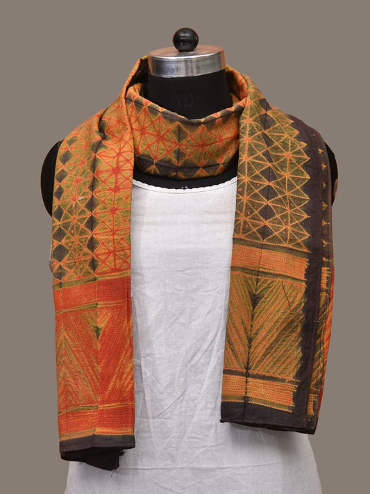 Olive and Orange Shibori Cotton Handloom Stole with Grill Design ds3153
