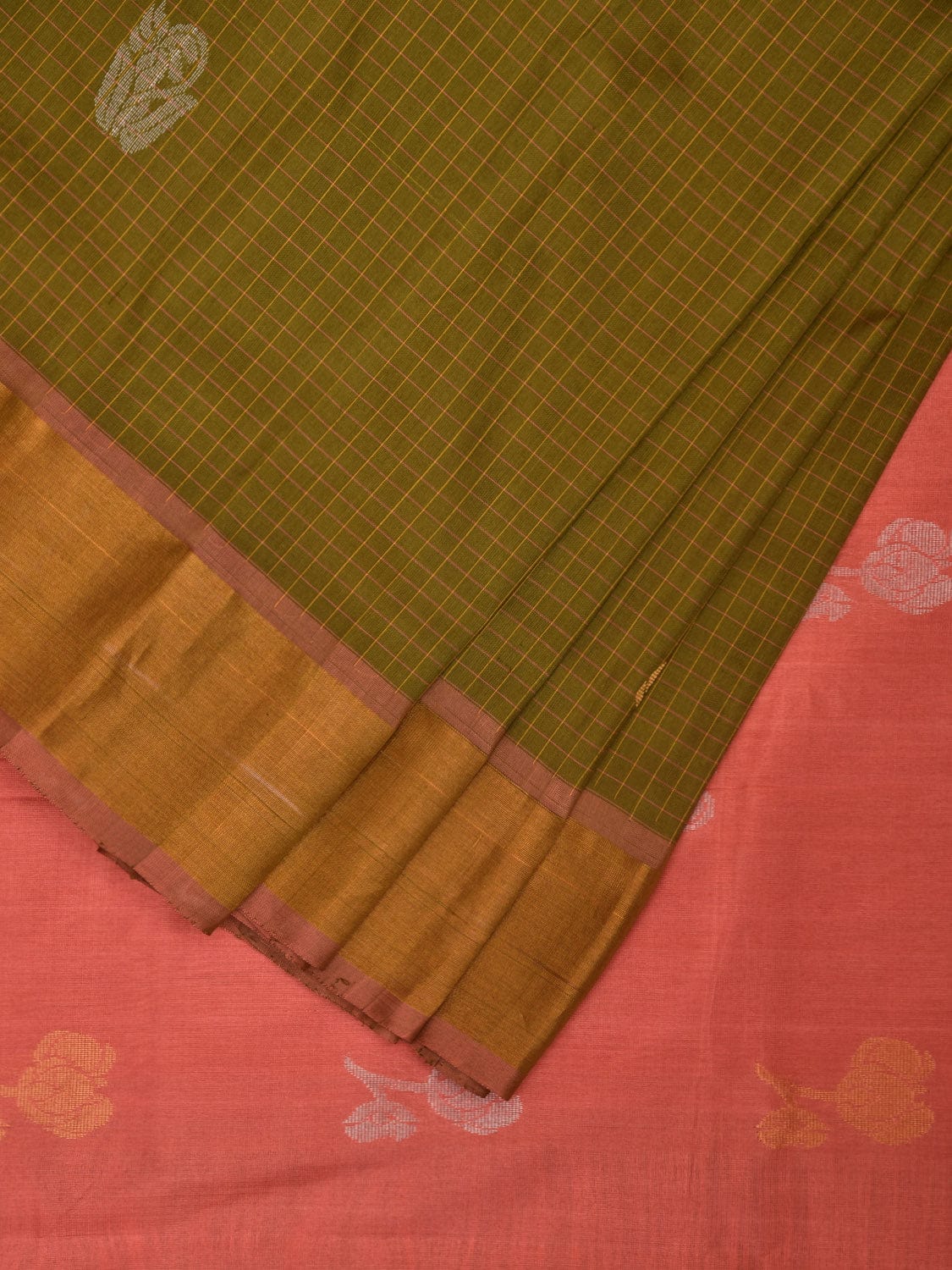 Olive and Peach Uppada Silk Handloom Saree with Checks and Body Buta Design u2255