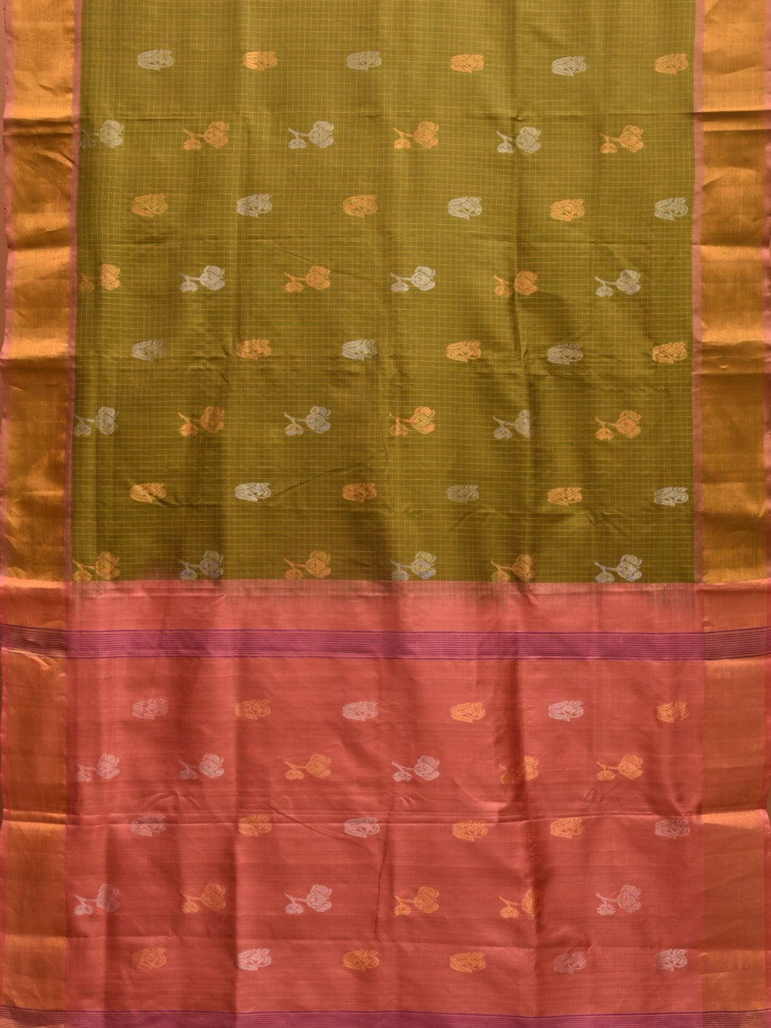 Olive and Peach Uppada Silk Handloom Saree with Checks and Body Buta Design u2255