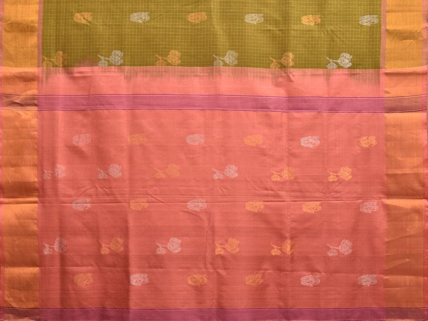 Olive and Peach Uppada Silk Handloom Saree with Checks and Body Buta Design u2255