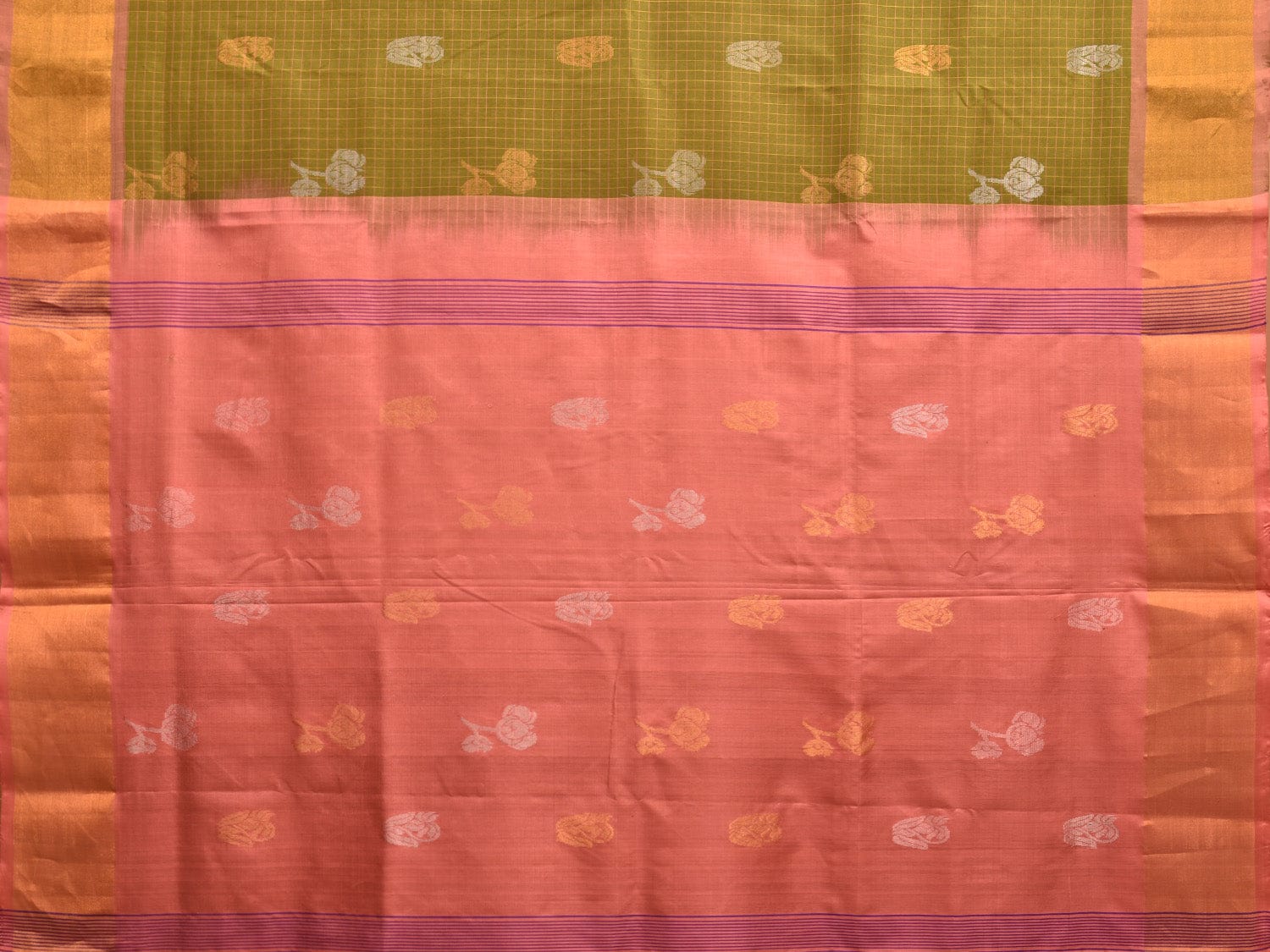 Olive and Peach Uppada Silk Handloom Saree with Checks and Body Buta Design u2255
