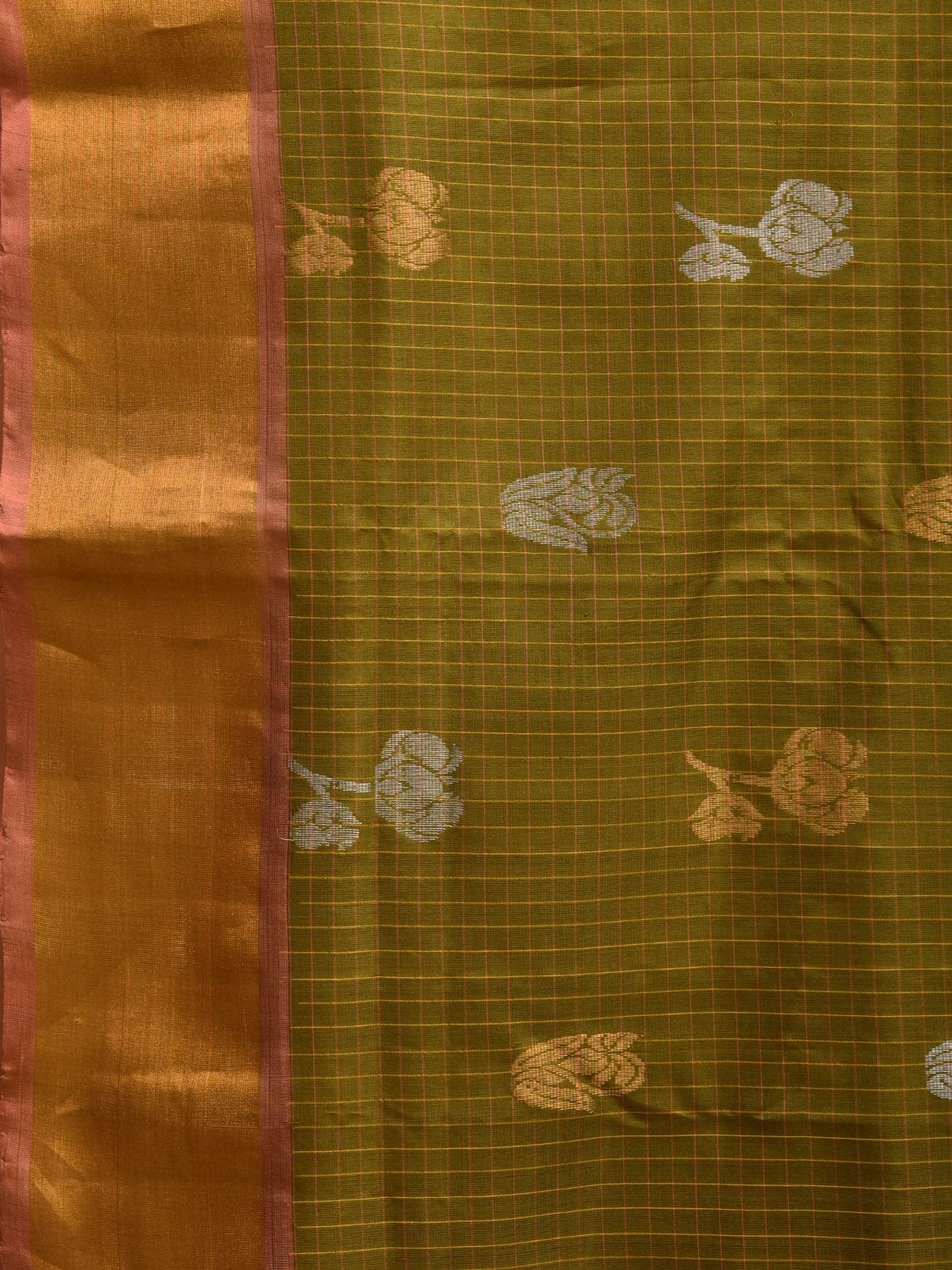 Olive and Peach Uppada Silk Handloom Saree with Checks and Body Buta Design u2255