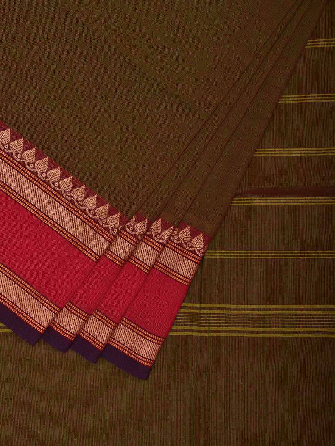Olive and Pink Kanchipuram Cotton Saree with Strips Pallu Design k0785