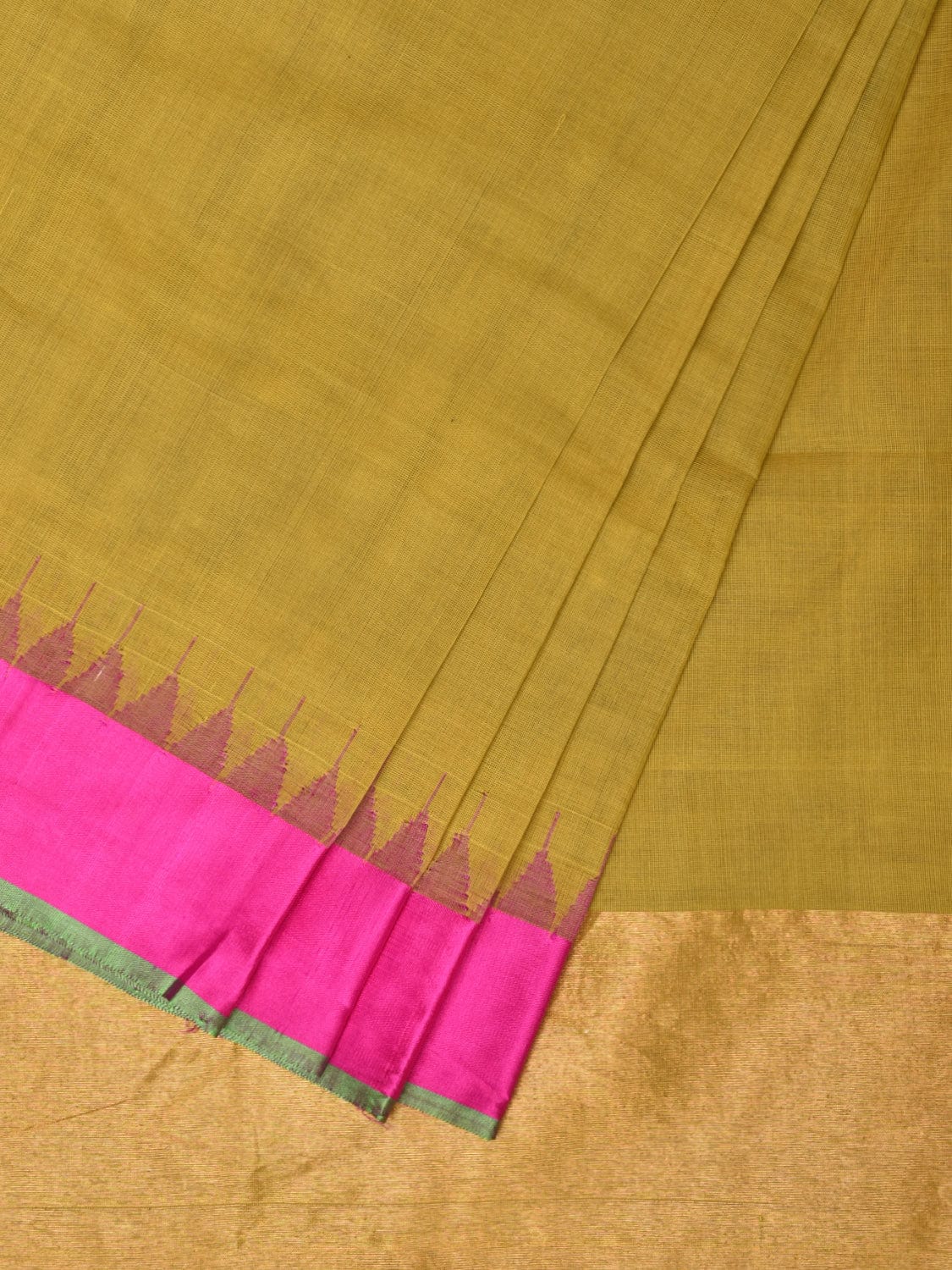 Olive and Pink Khadi Cotton Handloom Plain Saree with Temple Border Design kh0634