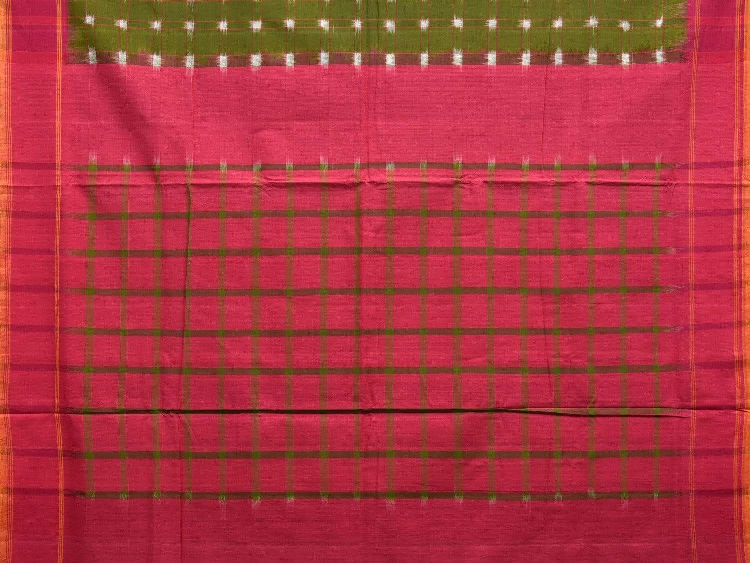 Olive and Pink Pochampally Ikat Cotton Handloom Saree with Checks Design i0600