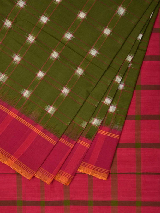 Olive and Pink Pochampally Ikat Cotton Handloom Saree with Checks Design i0600