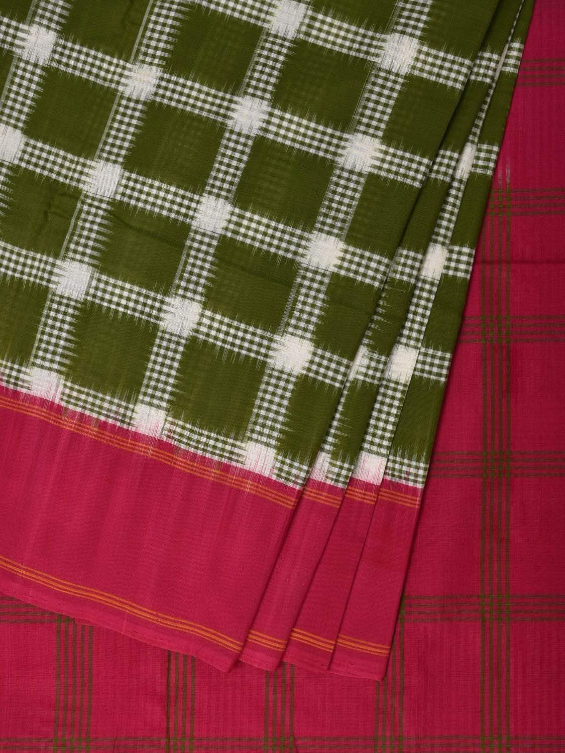 Olive and Pink Pochampally Ikat Cotton Handloom Saree with Checks Design i0617