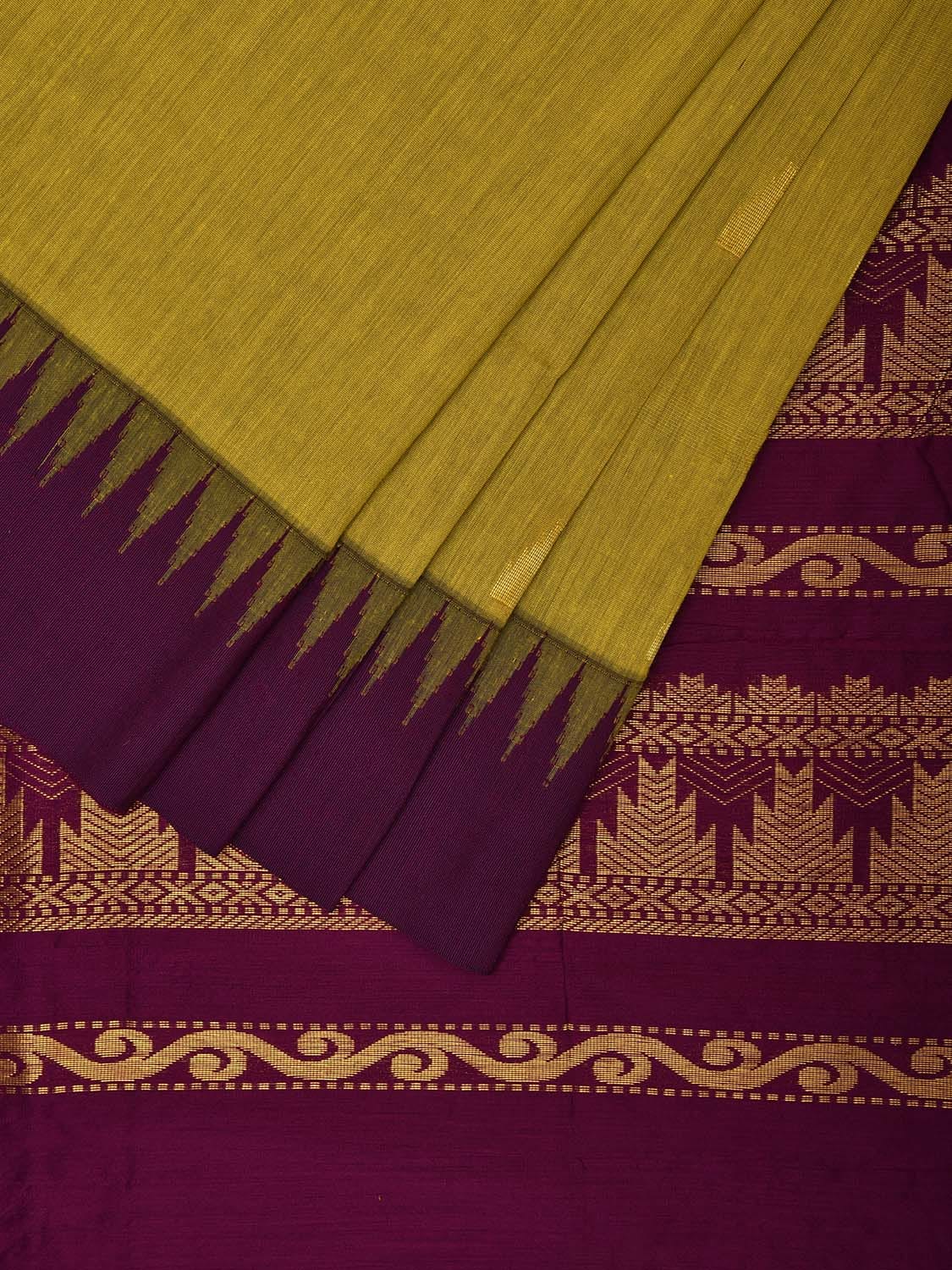 Olive and Purple Gadwal Cotton Saree with Pallu and Temple Border Design g0427