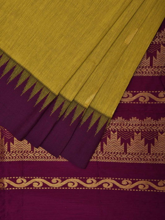 Olive and Purple Gadwal Cotton Saree with Pallu and Temple Border Design g0427