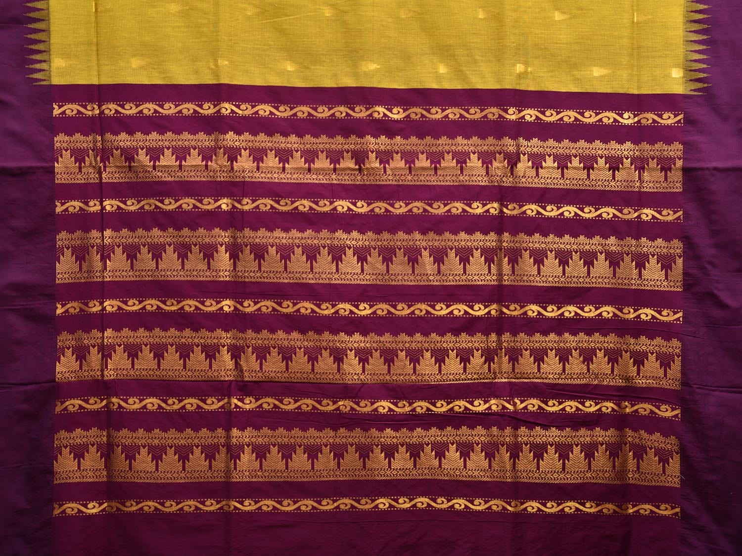 Olive and Purple Gadwal Cotton Saree with Pallu and Temple Border Design g0427