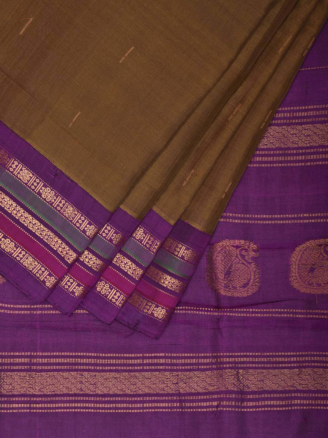 Olive and Purple Gadwal Cotton Silk Saree with Mango Pallu and Strips Border Design g0434