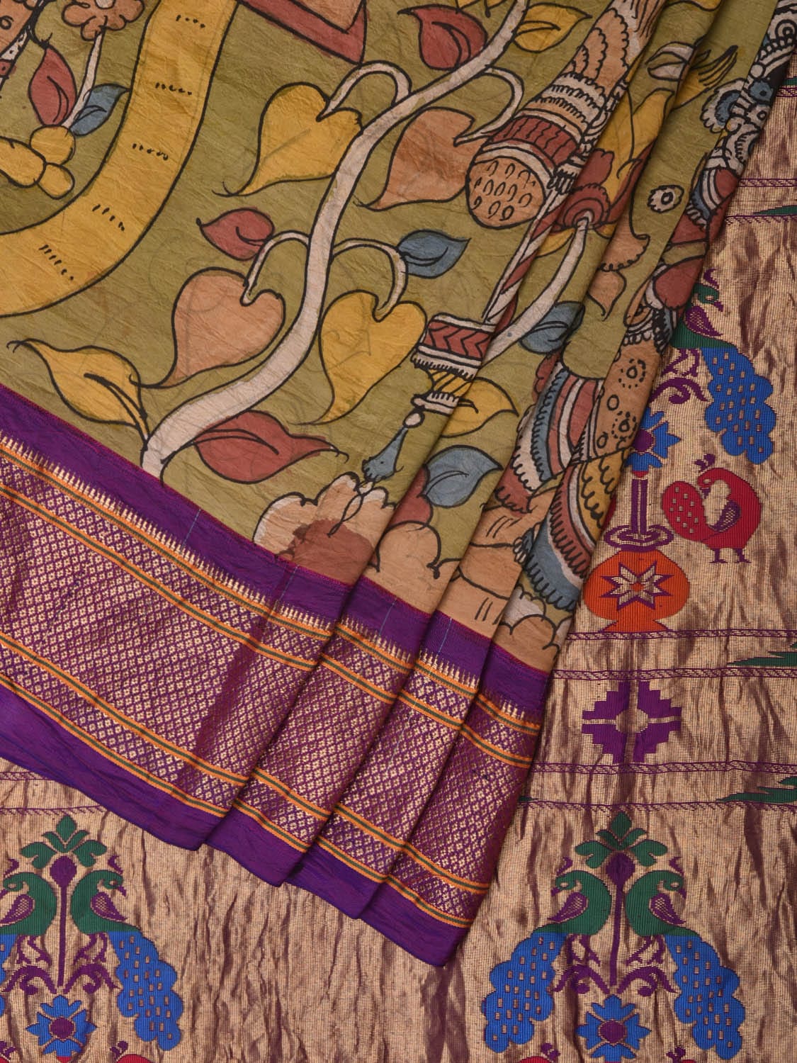 Olive and Purple Kalamkari Hand Painted Paithani Silk Handloom Saree with Ramayan Theme Design KL0757