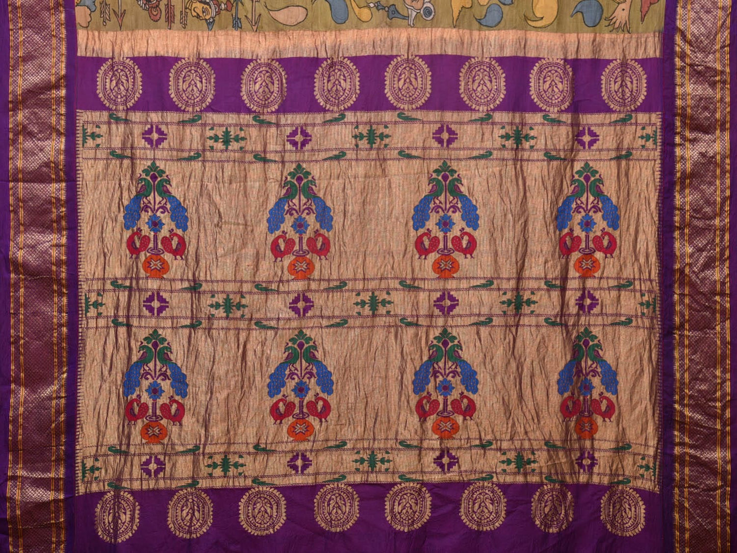 Olive and Purple Kalamkari Hand Painted Paithani Silk Handloom Saree with Ramayan Theme Design KL0757
